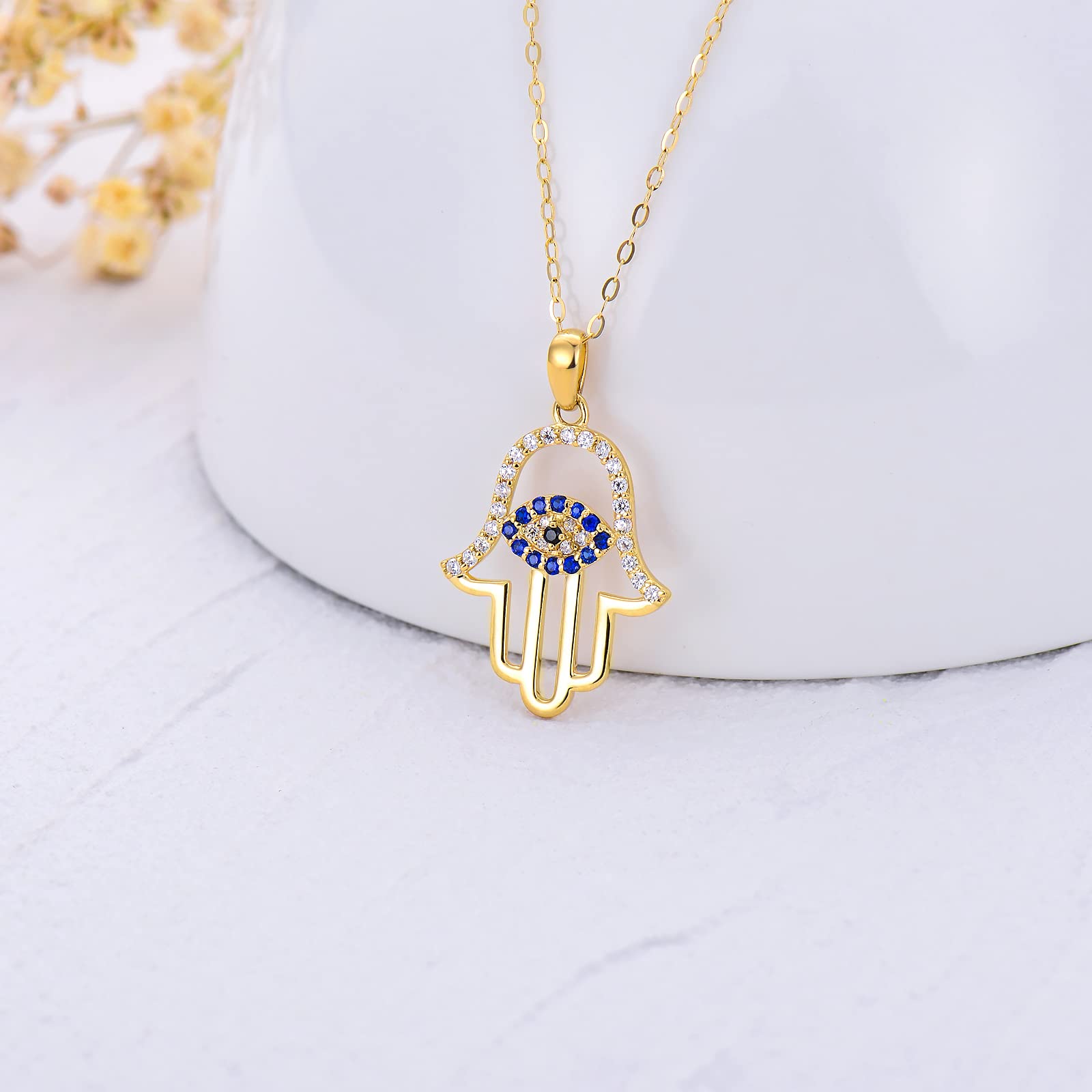 Hamsa Hand Pendant Necklace for Women, Real 14K Gold Evil Eye Pendant with Shiny Sapphire Lucky Protection Jewelry for Her, Wife, Mom, Girlfriend, 18"