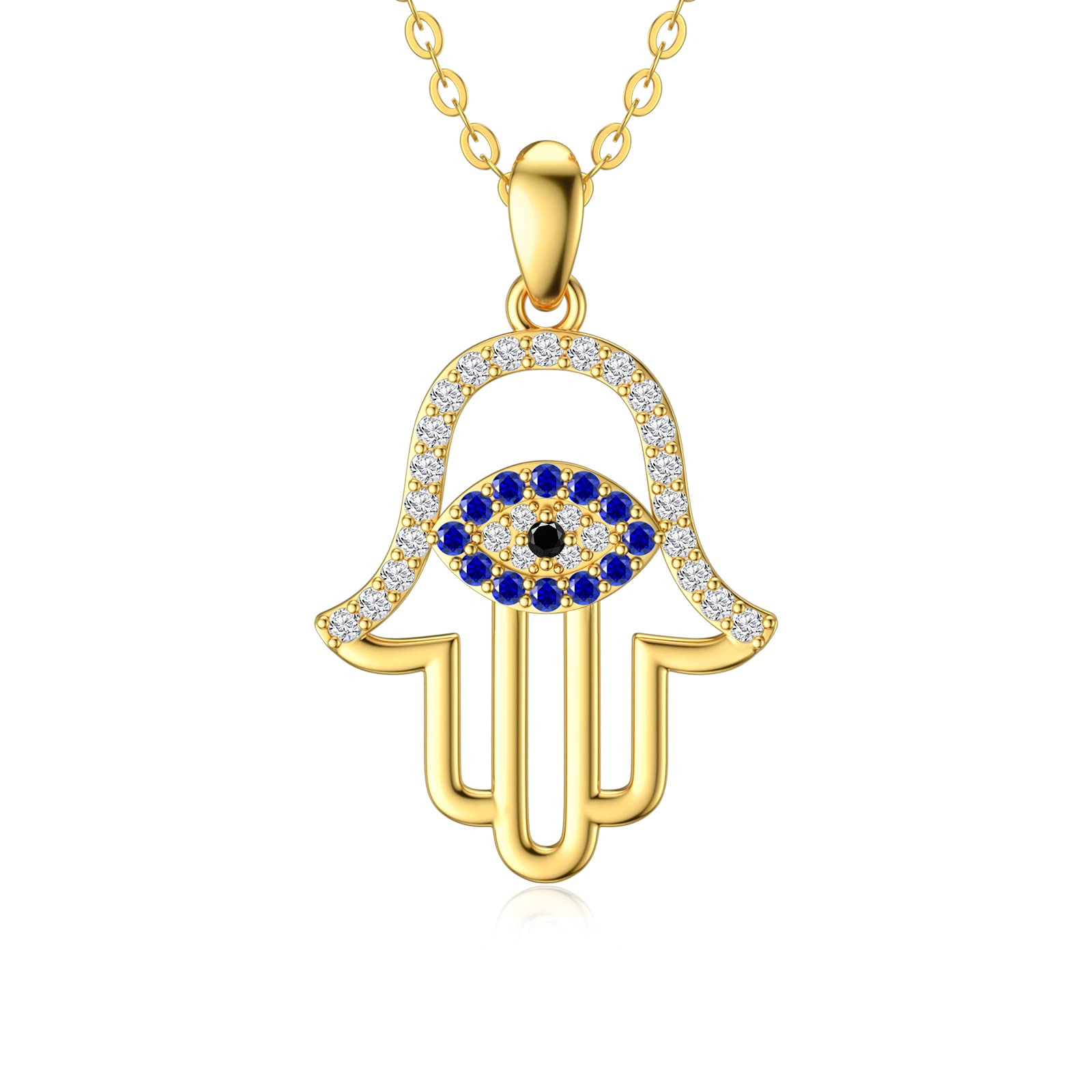 Hamsa Hand Pendant Necklace for Women, Real 14K Gold Evil Eye Pendant with Shiny Sapphire Lucky Protection Jewelry for Her, Wife, Mom, Girlfriend, 18"