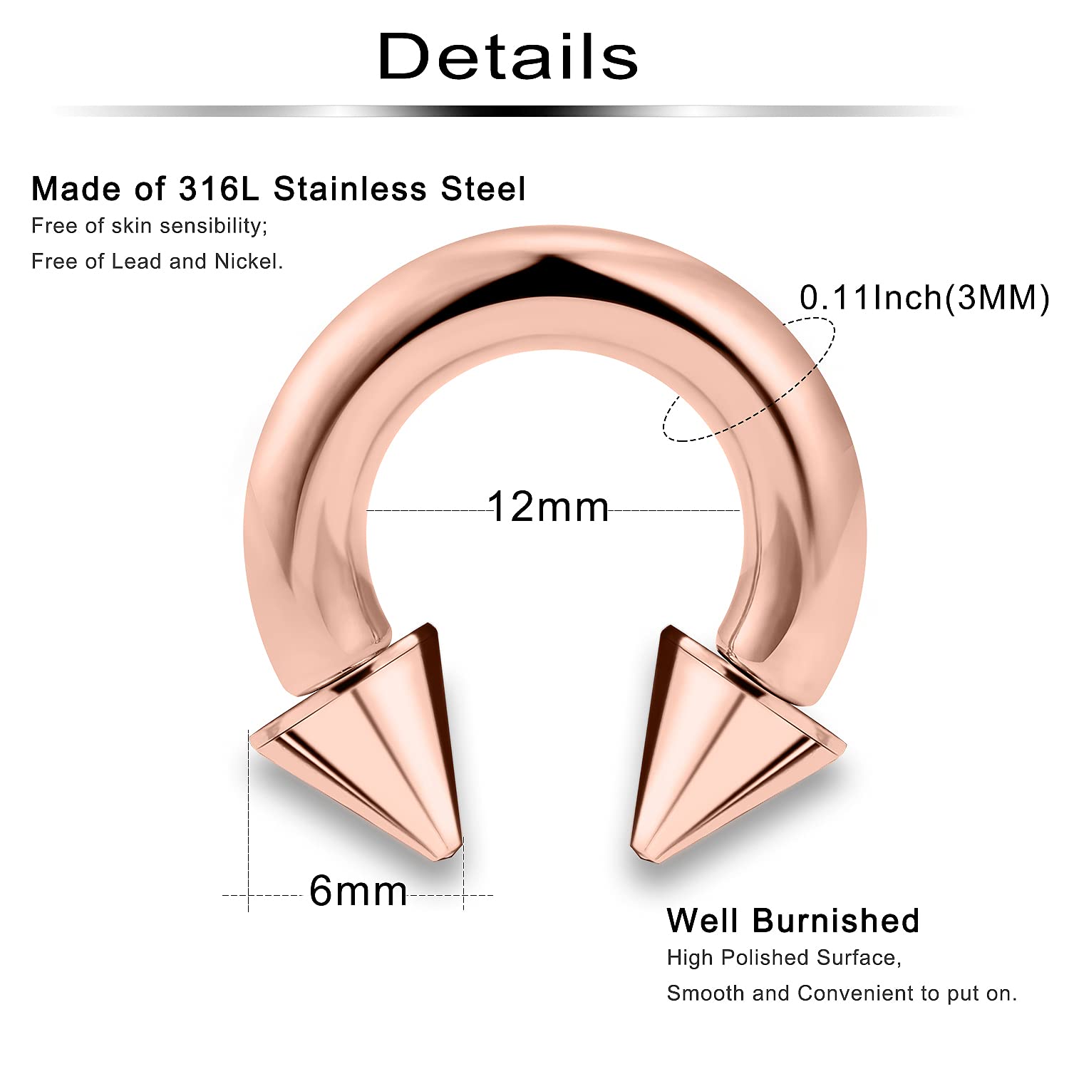 Ftovosyo PA Ring Internally Threaded Spike Circular Barbells Horseshoe Rose Gold Large Septum Ring Ear Gauges Earrings 8G 3mm 12mm 1/2" Surgical Steel Pierced Body Jewelry for Women Men