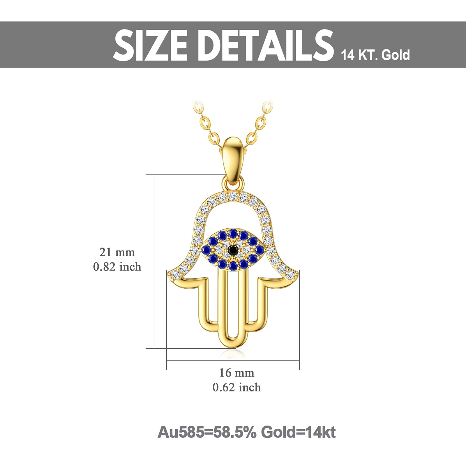 Hamsa Hand Pendant Necklace for Women, Real 14K Gold Evil Eye Pendant with Shiny Sapphire Lucky Protection Jewelry for Her, Wife, Mom, Girlfriend, 18"