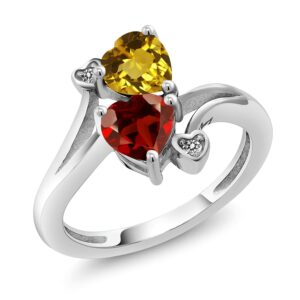 Gem Stone King 925 Sterling Silver Yellow Citrine Red Garnet and White Diamond Ring For Women (1.63 Cttw, Heart Shape 6MM, Gemstone November Birthstone, Available In Size 5, 6, 7, 8, 9)