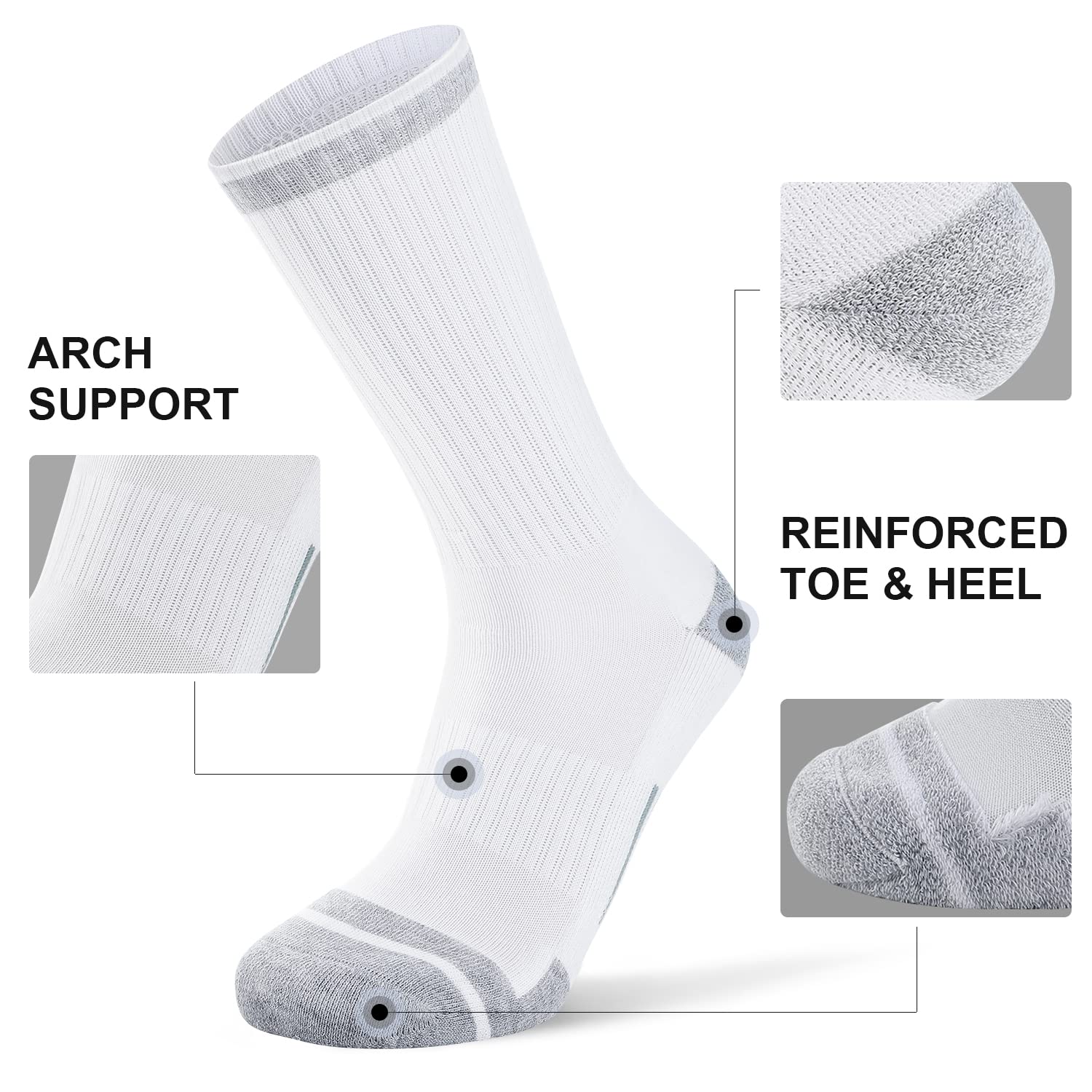 FITRELL 6 Pack Men's Athletic Crew Socks Cushioned Work Boot Socks, White, Large, Shoe Size 9-12