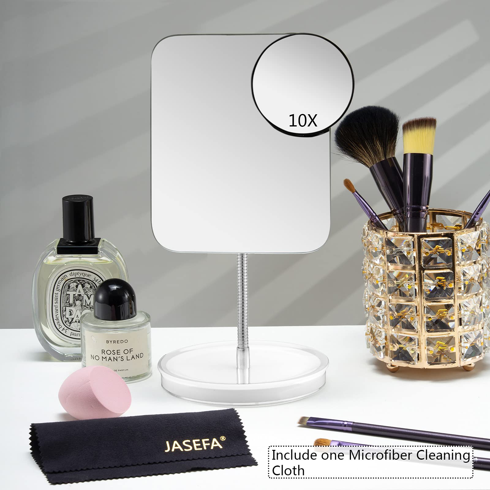 Jasefa Desk Makeup Mirror with Detachable 10x Magnification,360° Rotation Flexible Gooseneck Mirror with Stand,Tabletop Cosmetic Mirror,Good for Shower Shaving Traveling-Rectangle