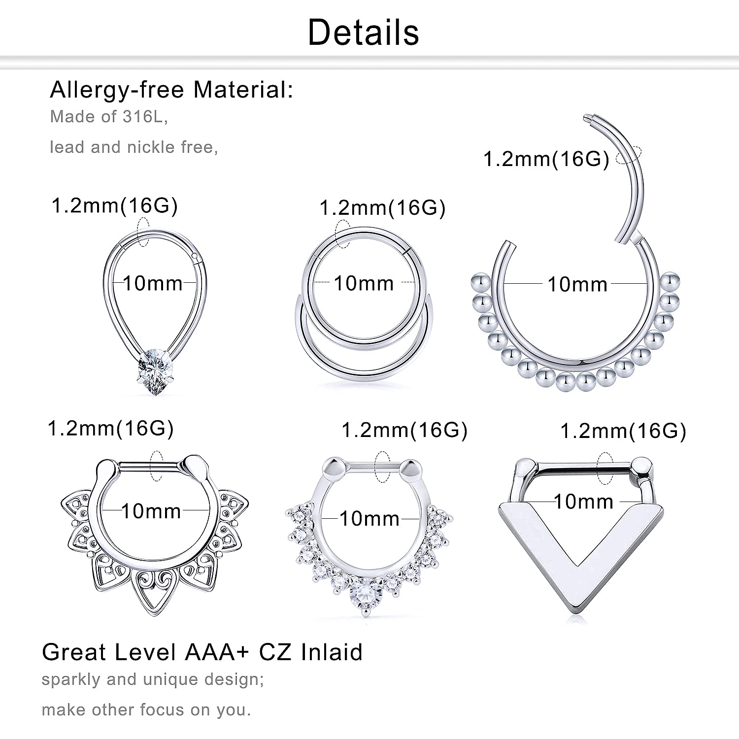 Dyknasz Septum Jewelry 16G Surgical Steel Nose Rings Hoop Septum Clicker Ring with Clear Diamond CZ Cartilage Helix Daith Earring Piercing Jewelry for Women Men 10mm (3/8")