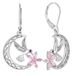 YL Hummingbird Earrings Sterling Silver Celtic Moon Flowers Dangle Drop Earrings Created Pink Tourmaline Leverback Jewelry for Women