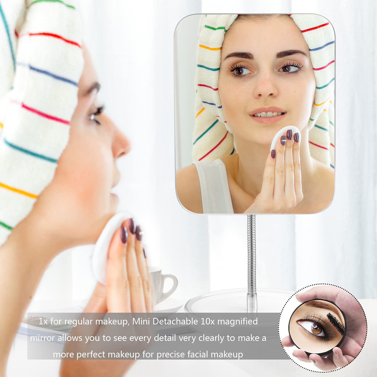 Jasefa Desk Makeup Mirror with Detachable 10x Magnification,360° Rotation Flexible Gooseneck Mirror with Stand,Tabletop Cosmetic Mirror,Good for Shower Shaving Traveling-Rectangle