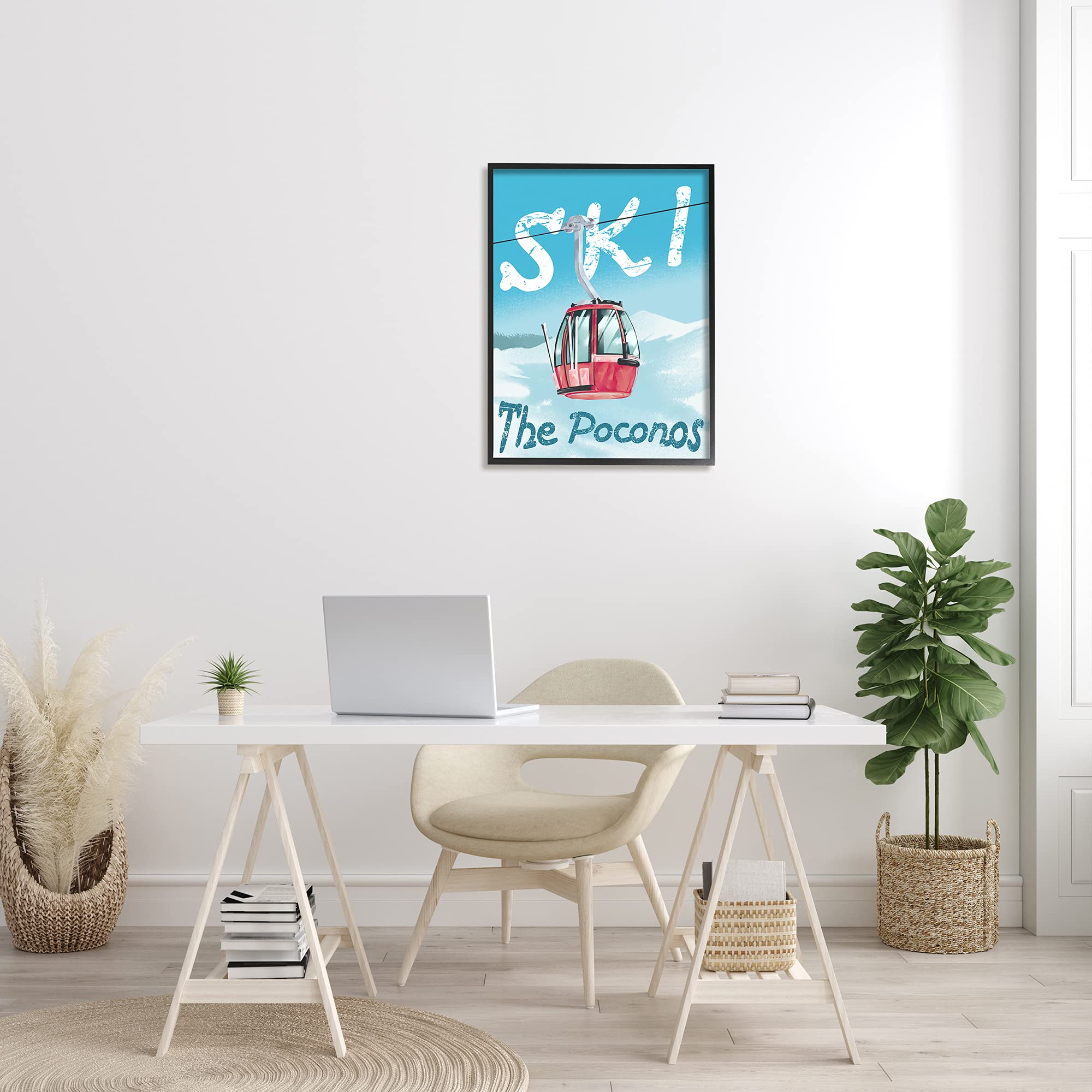 Stupell Industries The Poconos Red Ski Trolly Snowy Mountain Hill, Designed by Ziwei LI Black Framed Wall Art, 24 x 30, Blue