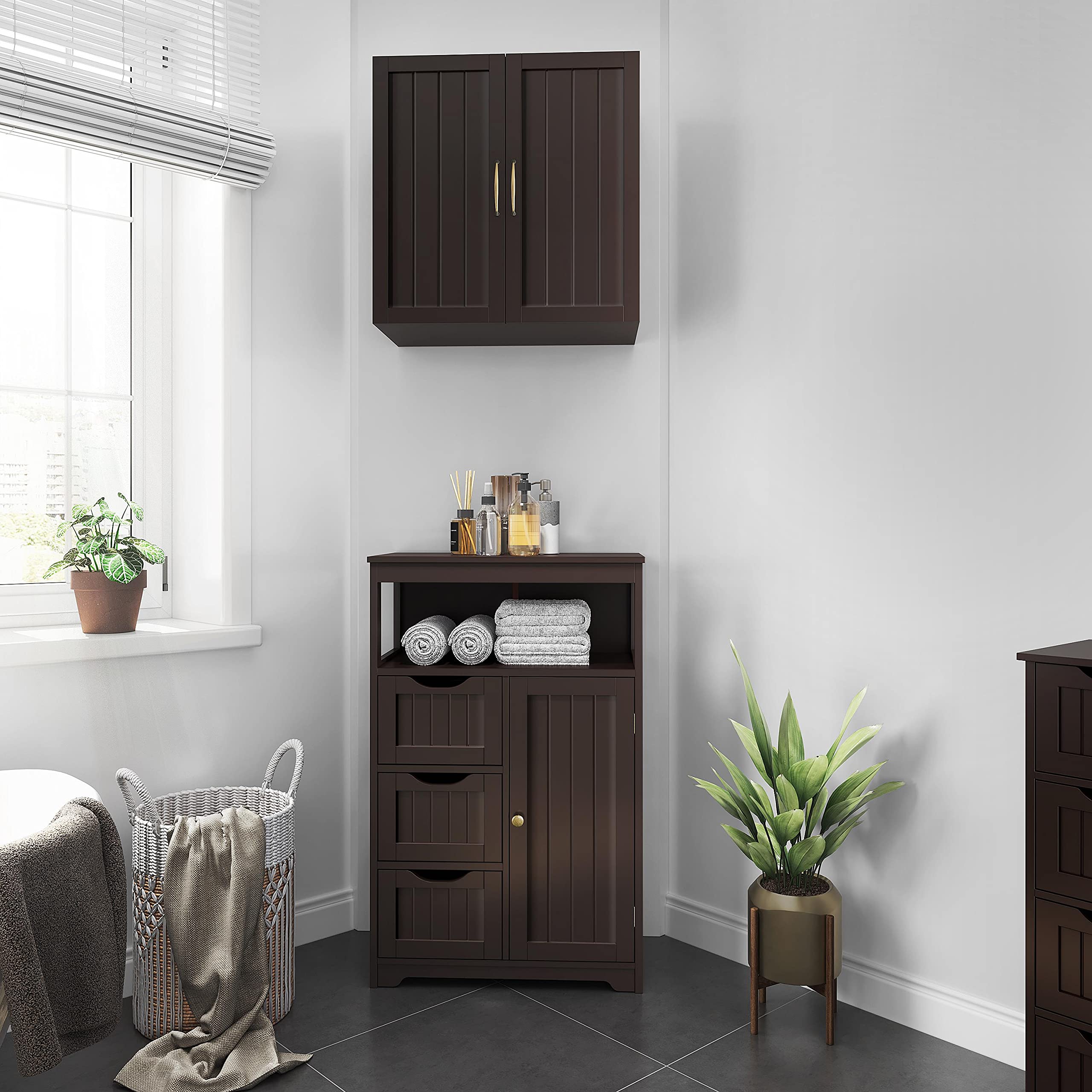 Yaheetech Wood Bathroom Floor Cabinet with 3 Drawers &1 Cupboard, Free Standing Storage Organizer Hallway Entryway Cabinet for Living Room Kitchen, Espresso