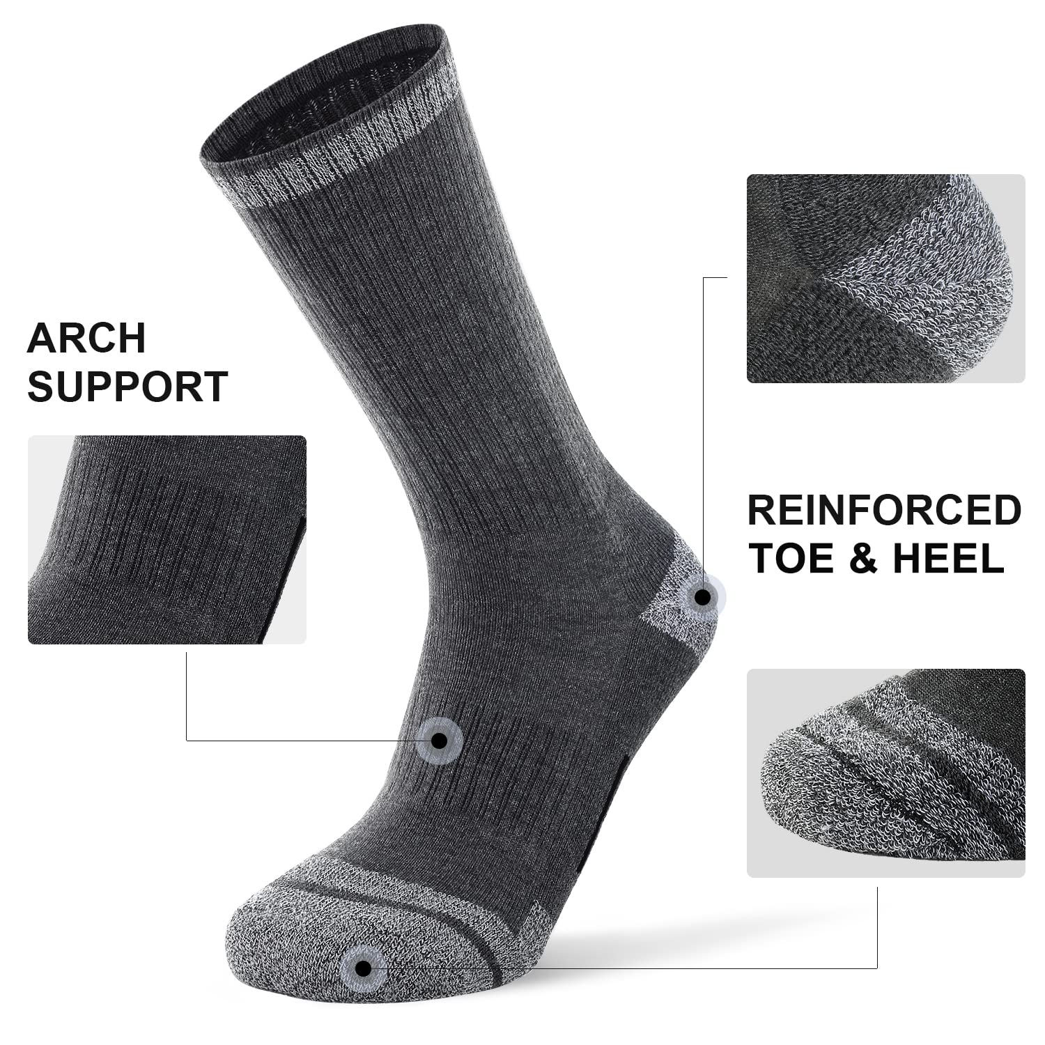 FITRELL 6 Pack Men's Athletic Crew Socks Cushioned Work Boot Socks, Grey, X-Large, Shoe Size 12-15