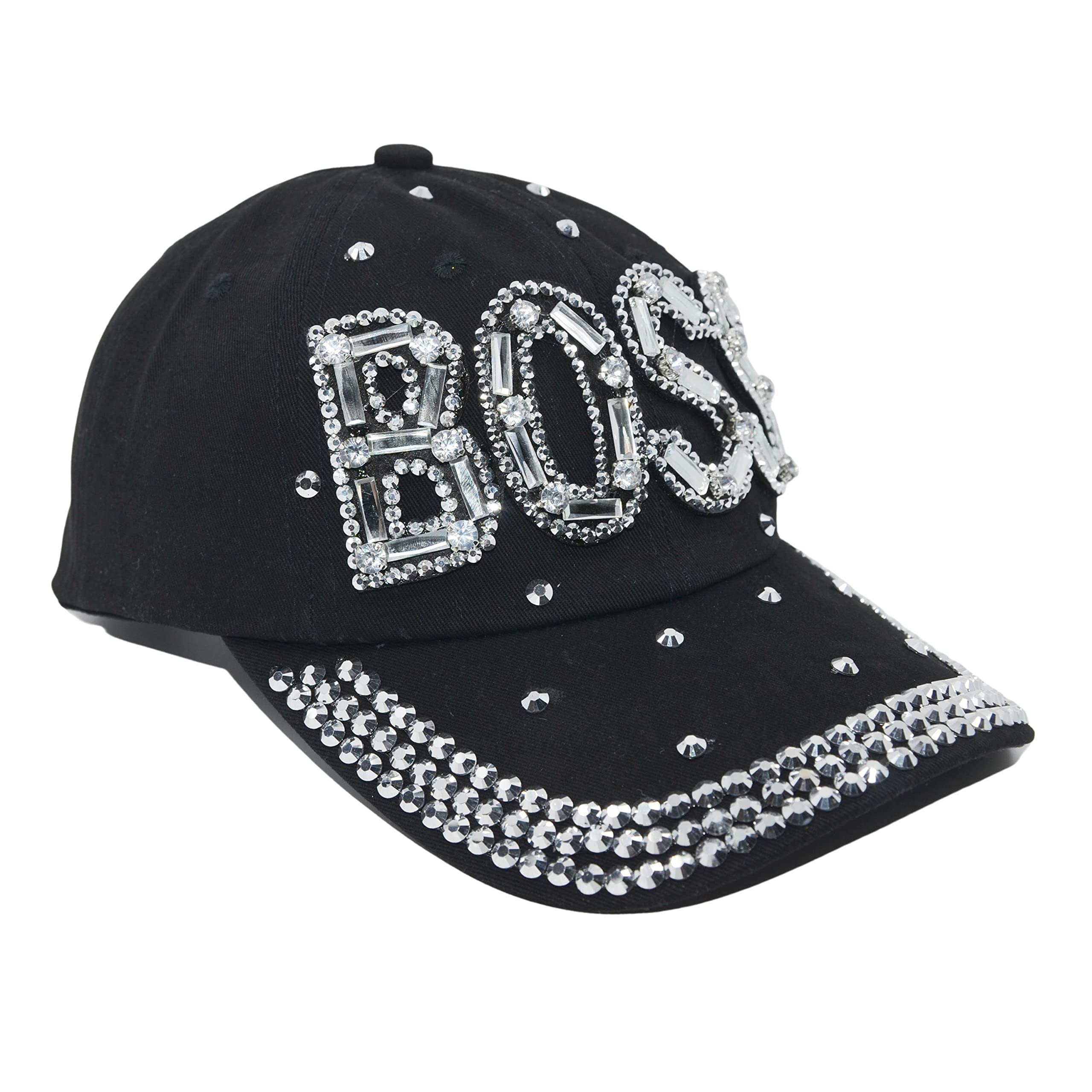 Popfizzy Bling Boss Baseball Cap for Women Rhinestone Hat, Distressed Baseball Caps, Denim Ball Caps (Boss (Black))