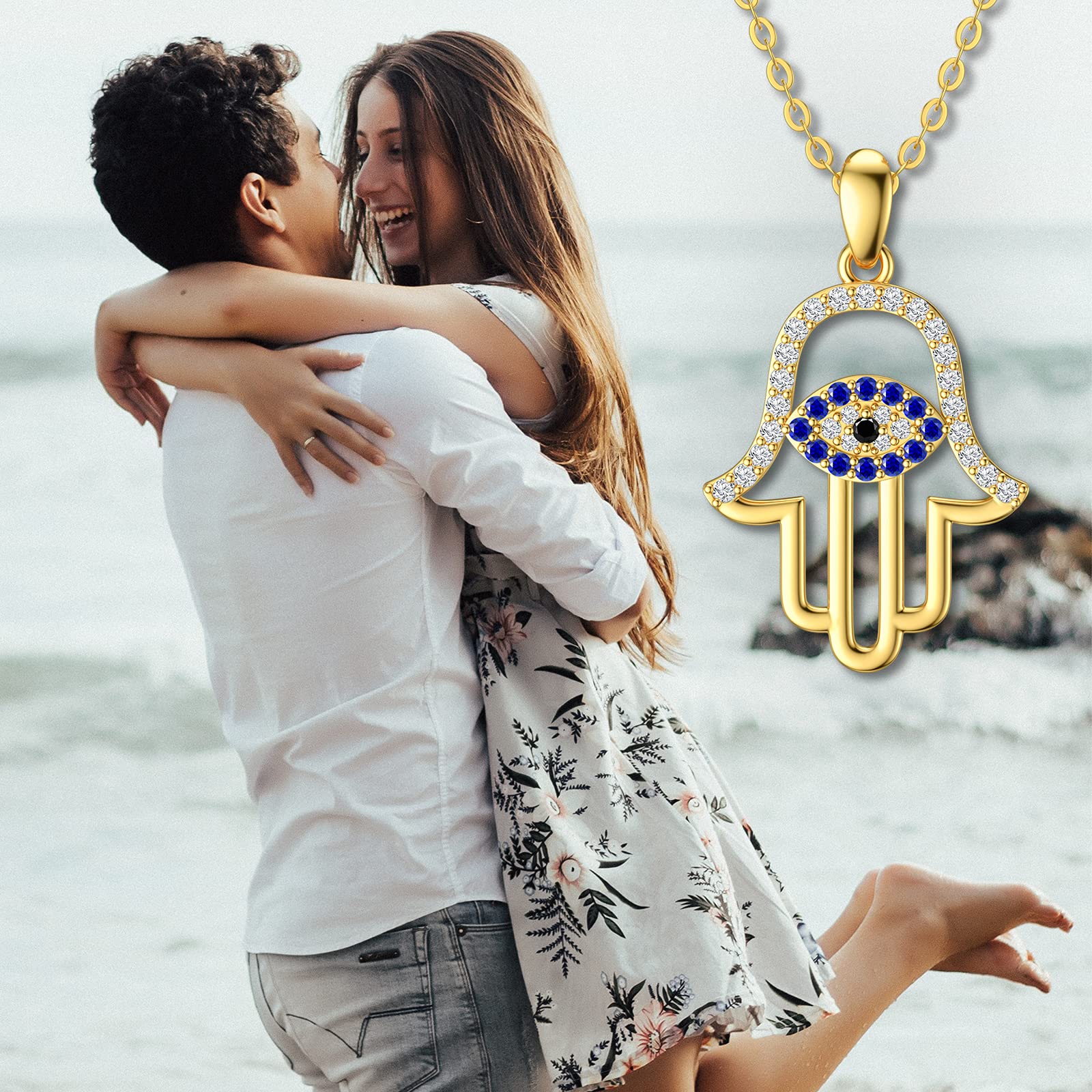 Hamsa Hand Pendant Necklace for Women, Real 14K Gold Evil Eye Pendant with Shiny Sapphire Lucky Protection Jewelry for Her, Wife, Mom, Girlfriend, 18"