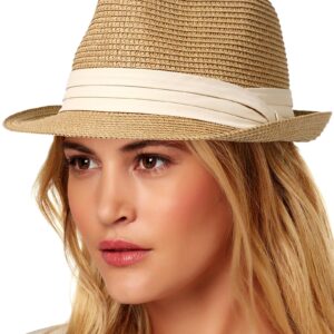 Lvaiz Womens Straw Hat Short Brim Panama Fedora Beach Sun Trilby Hat for Vacation Gentlemen Roll Up Summer Hat A01-khaki L