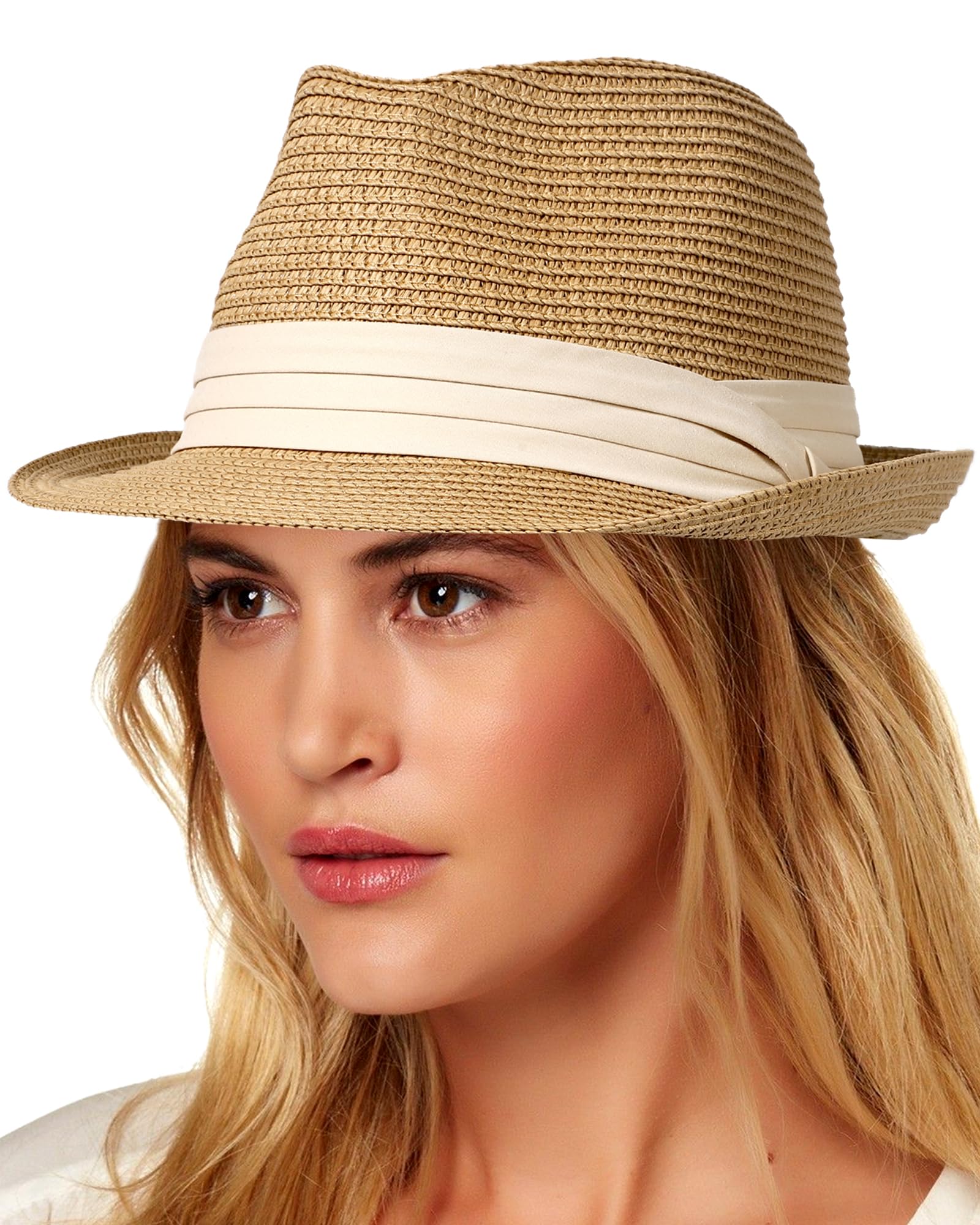 Lvaiz Womens Straw Hat Short Brim Panama Fedora Beach Sun Trilby Hat for Vacation Gentlemen Roll Up Summer Hat A01-khaki L