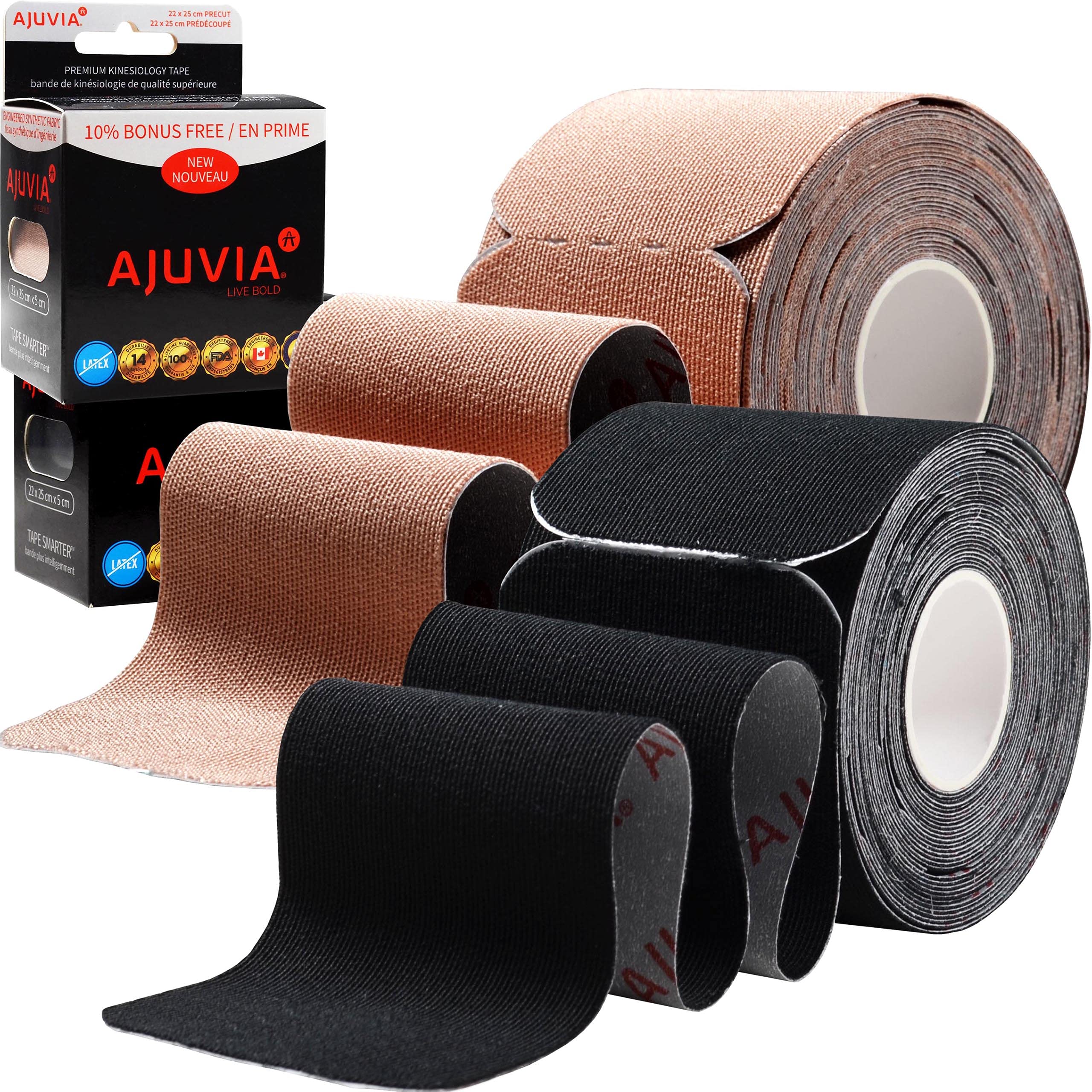 AJUVIA Kinesiology Tape - Lasts UP to 14 Days (20 Strips Precut + 2 Extra, 2" x 10") Latex Free - Waterproof Athletic Tape - Elastic Sports Tape (Beige & Black Bundle)