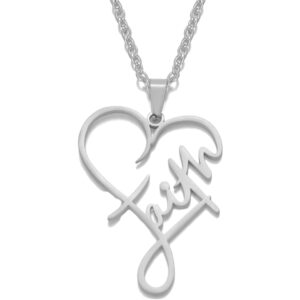 Jude Jewelers Stainless Steel Heart Shaped Word Faith Cross Religious Pendant Necklace (Silver)