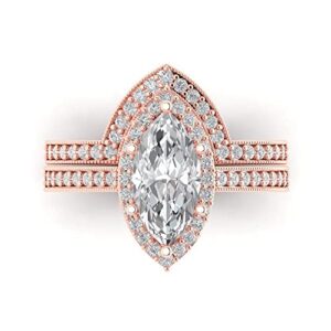 Clara Pucci 2.26ct Marquise Round Cut Laser Engraving Pave Halo White Sapphire Designer Statement Ring Band Set 18K Rose Gold Size 10