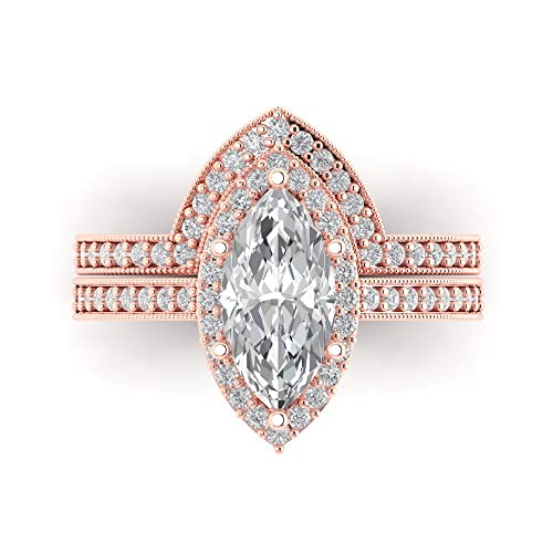 Clara Pucci 2.26ct Marquise Round Cut Laser Engraving Pave Halo White Sapphire Designer Statement Ring Band Set 18K Rose Gold Size 10