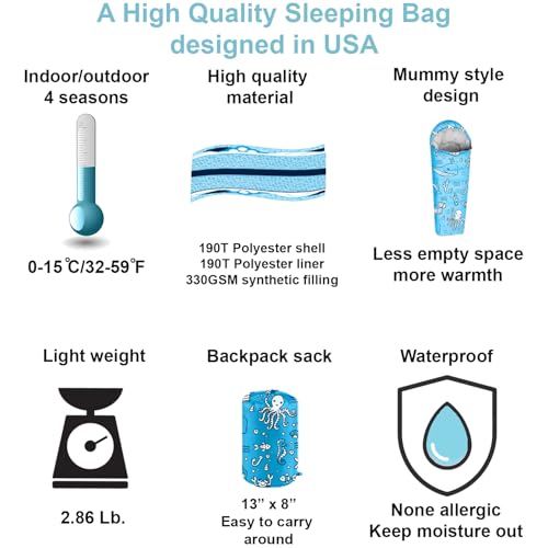 ANJ Outdoors 32F-59F Youth and Kids Sleeping Bag | Indoor/Outdoor Boys and Girls Sleeping Bag | Mummy Style, Lightweight Sleeping Bag for Kids