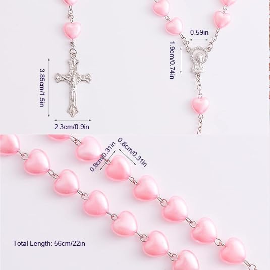 OEMOO Rosary Beads Catholic for Woman, Pink Heart Shaped Rosary Necklace, Bead Necklace First Communion Gifts for Women Catholic, Christian Gifts Catholic Gifts