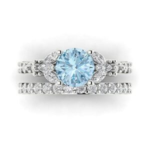 Clara Pucci 2.72ct Round Cut Custom Marquise 3 stone Sky Blue Topaz Engagement Wedding Bridal Ring Band set 18K White Gold Size 5.75