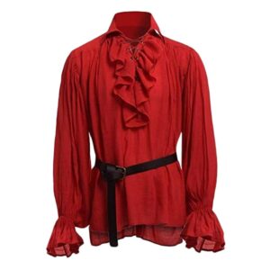 Stoota_Clothes Men's Gothic Renaissance Ruffle Front Pirate Shirt NO Belt, Vintage Medieval Bandage Long Sleeve Cosplay Clothing Red, XX-Large