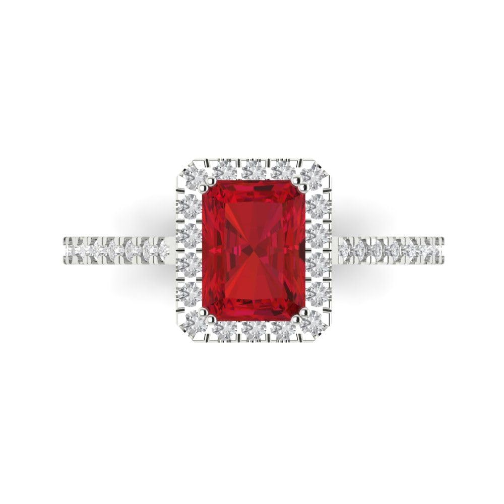 Clara Pucci 2.08 ct Emerald Cut Personalized Engraving Halo Simulated Ruby Designer Solitaire Statement Ring 18K White Gold Size 10.5