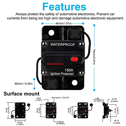 150 AMP Fuse Holders,Audio Circuit Breaker,Reset Fuse Inverter, 12V-48V DC Fuse Holder,Replace Fuses,with Reset Button,for Automotive Marine Boat Audio System Current Overload Protection