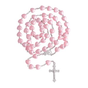 OEMOO Rosary Beads Catholic for Woman, Pink Heart Shaped Rosary Necklace, Bead Necklace First Communion Gifts for Women Catholic, Christian Gifts Catholic Gifts