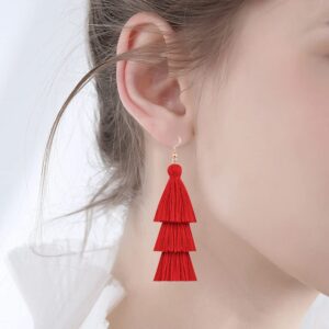 CHUNYANAN 3 Tier Red Yellow Tassel Dangle Drop Earrings Bohemian Fashion Earrings for Women Valentine Party Jewelry Gift. (Red Tassel Dangle Drop Earrings)