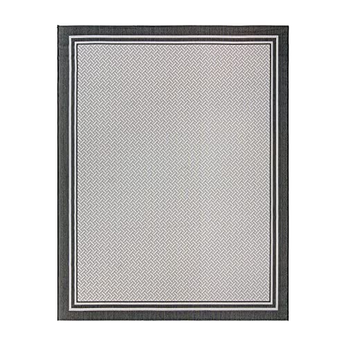 Gertmenian Indoor Outdoor Classic Flatweave Area Rug, Stain & UV Resistant Carpet, Deck, Patio, Poolside & Mudroom, 8x10 Ft Large, Simple Border, White Black, 23018