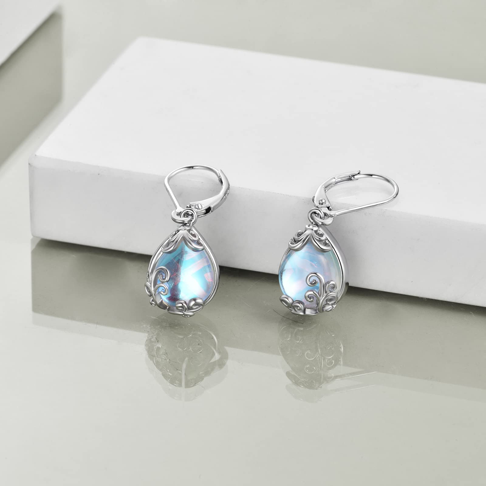 POPLYKE Moonstone Filigree Teardrop Drop Dangle Earrings Sterling Silver Leverback Earrings