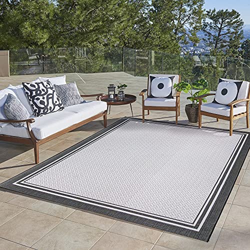 Gertmenian Indoor Outdoor Classic Flatweave Area Rug, Stain & UV Resistant Carpet, Deck, Patio, Poolside & Mudroom, 8x10 Ft Large, Simple Border, White Black, 23018