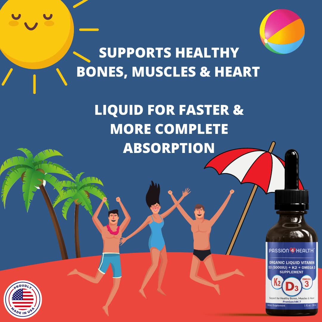 Passion 4 Health Organic Liquid Vitamin D3 (5000IU) + K2 (Mk-7) + Omega 3 Supplement - Support for Healthy Bones and Muscles (1)