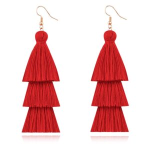 chunyanan 3 tier red yellow tassel dangle drop earrings bohemian fashion earrings for women valentine party jewelry gift. (red tassel dangle drop earrings)