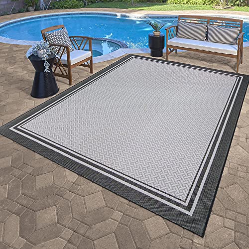 Gertmenian Indoor Outdoor Classic Flatweave Area Rug, Stain & UV Resistant Carpet, Deck, Patio, Poolside & Mudroom, 8x10 Ft Large, Simple Border, White Black, 23018