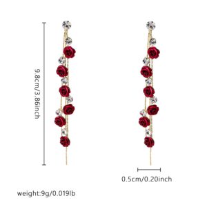 Just Follow 3D Rose Flower Crystal Long Tassel Drop Earrings for Women CZ Rhinestone Rose Fashion Purple Red Long Tassel Dangle Earrings Weddings Party Jewelry Accessories Gift (3D Rose Flower Crystal Tassel Earrings-Red)