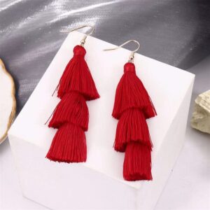 CHUNYANAN 3 Tier Red Yellow Tassel Dangle Drop Earrings Bohemian Fashion Earrings for Women Valentine Party Jewelry Gift. (Red Tassel Dangle Drop Earrings)