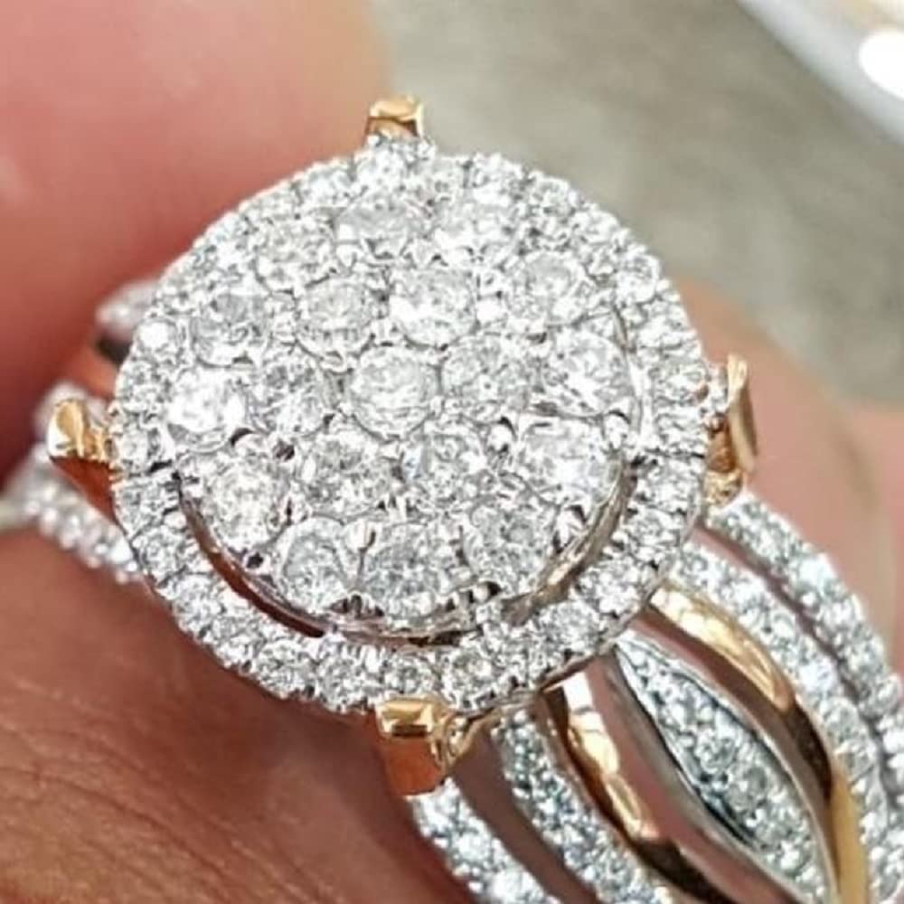 Women's 925 Silver Plated 18K Gold Two-tone Ring Luxury Full Diamond Round Super Flash Zircon Ring Simulated Diamond Wedding or Engagement Ring for Women (7#)