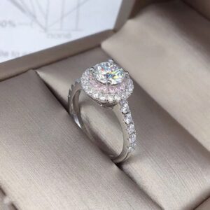 XINQI 2 Carat Round Cut/Shaped Classic and Unique Halo Pave CZ Engagement Ring 14K White Gold Pink Ladies Ring (6)