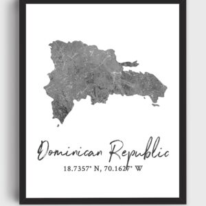 Dominican Republic Map Wall Art Print - 8x10 Silhouette Decor Print with Coordinates. Makes a Great DR-Themed Gift. Shades of Grey, Black & White.