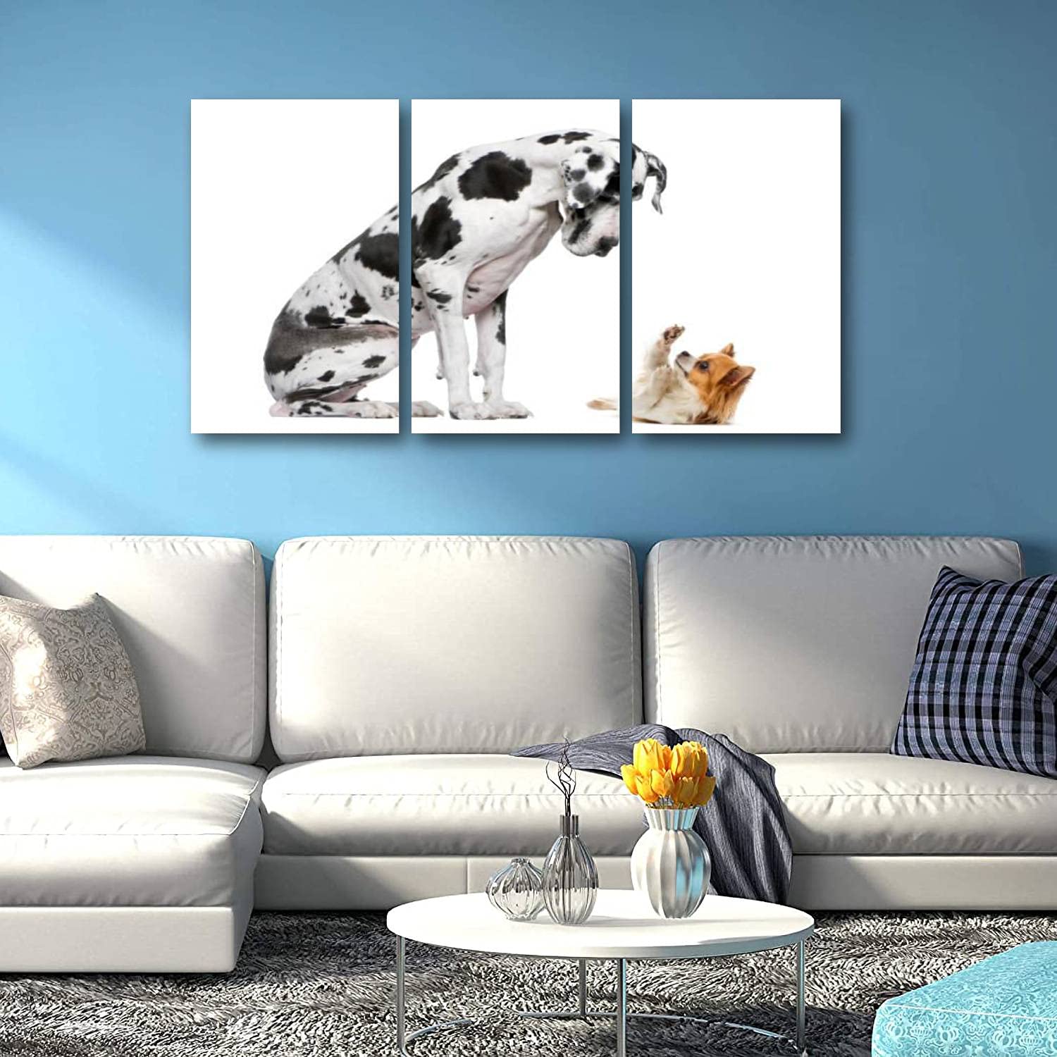 3 Piece Wall Art Painting On Canvas Great Dane sitting and looking at a Chihuahua in front of a white Gallery Wrapped Modern Artwork for Living Room Bedroom Décor Ready to Hang 20"x32"x3 Panel