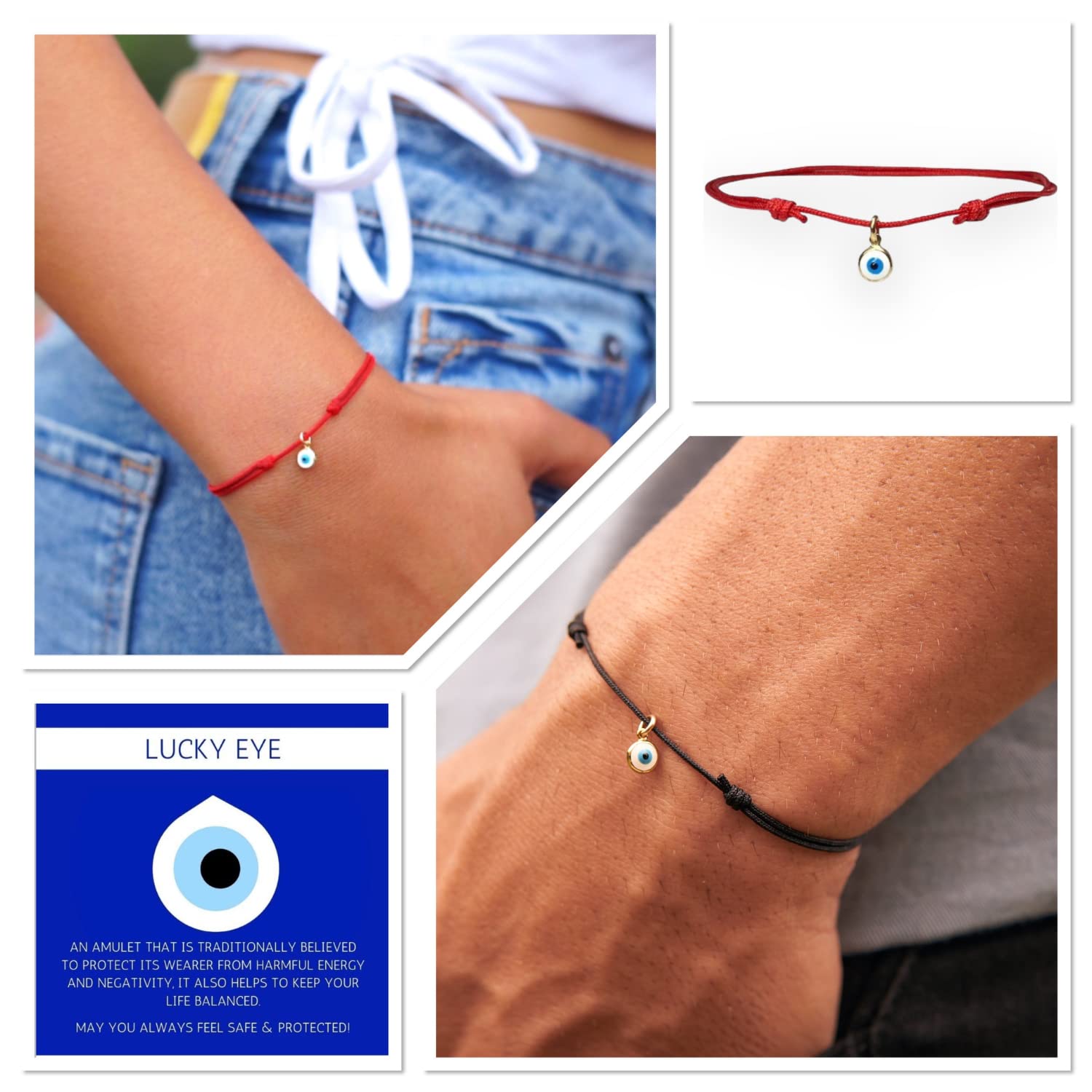 14k Gold Evil Eye Bracelet - Adjustable Waterproof Protection Amulet with Red String and Lucky Eye Charm Pendant for Women, Men, and Friendship Gifts