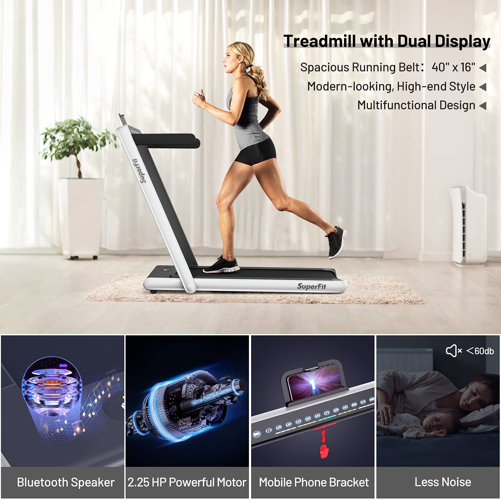 GYMAX Walking Pad, Dual LED Display 2 in 1 Under Desk Treadmill for Home with Remote & Smart App Control, 2.25HP Foldable Portable Treadmill Running Machine for Office Small Space (Pearl)