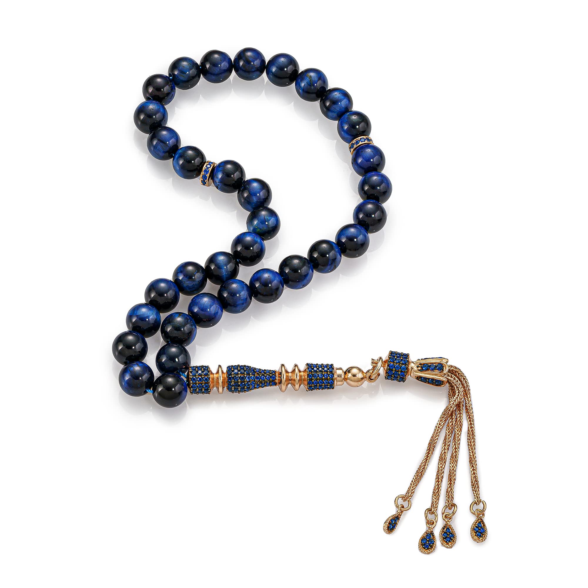 Solid 925 Sterling Silver Tassel Blue Tiger's Eye Stones Islamic 33 Prayer Beads Tasbeeh Misbaha