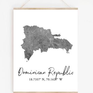 Dominican Republic Map Wall Art Print - 8x10 Silhouette Decor Print with Coordinates. Makes a Great DR-Themed Gift. Shades of Grey, Black & White.