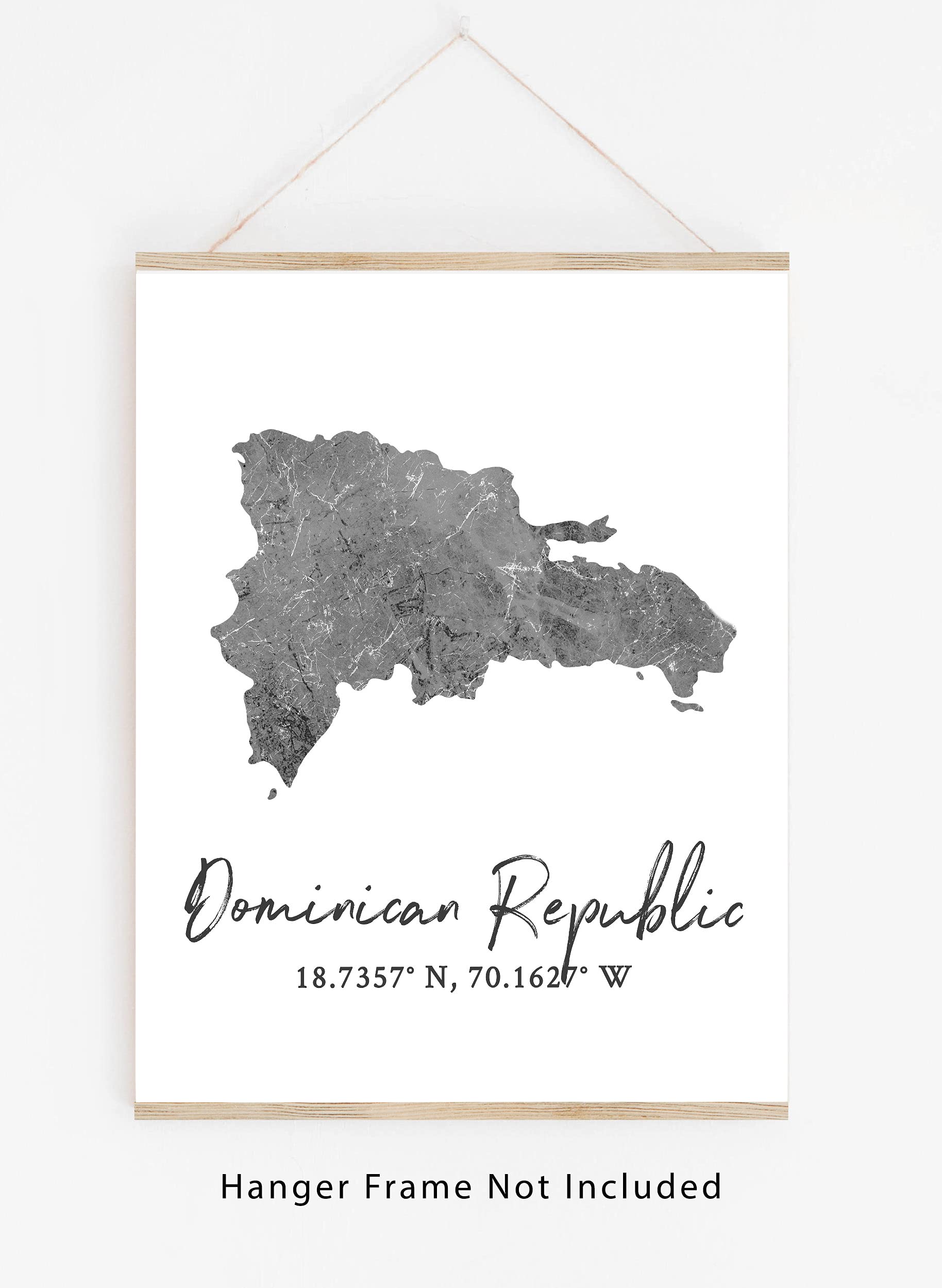 Dominican Republic Map Wall Art Print - 8x10 Silhouette Decor Print with Coordinates. Makes a Great DR-Themed Gift. Shades of Grey, Black & White.