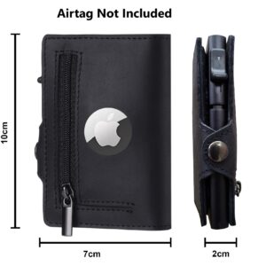 TNE Airtag Wallet (Airtag not Included) Genuine Leather Credit Card Money Holder Automatic Pop Up Mini Aluminum Wallet with Zipper Coin Pocket | Airtag Case Men or Women Air Tag Cover (Black)