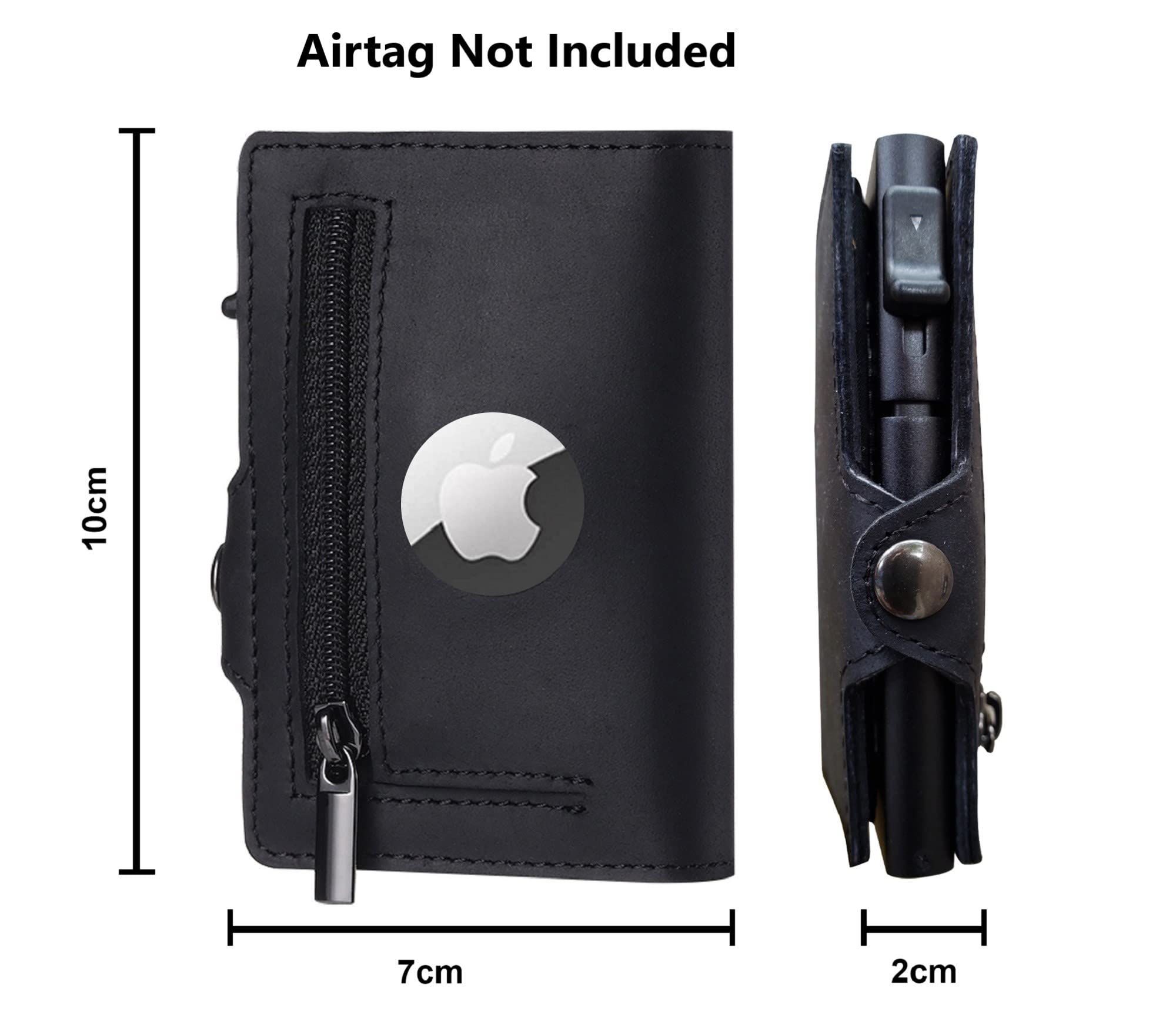 TNE Airtag Wallet (Airtag not Included) Genuine Leather Credit Card Money Holder Automatic Pop Up Mini Aluminum Wallet with Zipper Coin Pocket | Airtag Case Men or Women Air Tag Cover (Black)