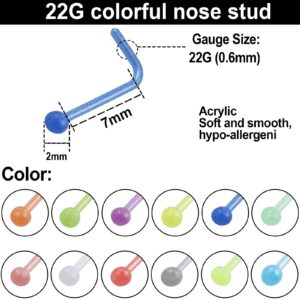 Riuziyi 22G Nose Ring Retainer Colorful Bioflex Acrylic L Shape Nose Rings Studs Body Jewelry Piercing Top Ball 2mm 12PCS