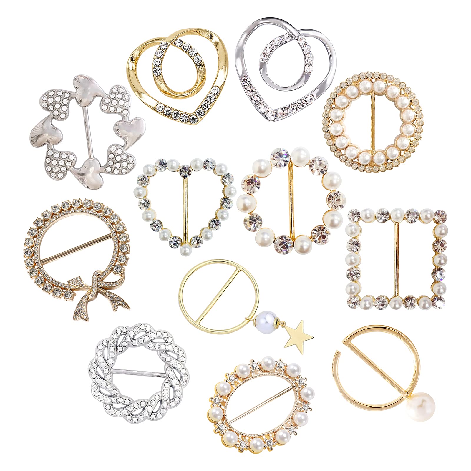 TXZWJZ Scarf Tie Buckle Rings for Women,12PCS Metal Party T Shirt Pearls Rhinestone Clips,Clothes Corner Knotted Button for Women Girls Decorative Accessories